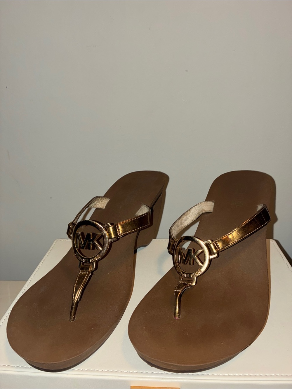 Michael Kors Metallic Gold MK Logo Thong Wedge Sandals - Brown Footbed